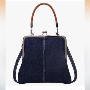 🆕 Denim Kiss Lock Handbag with Brown Handle